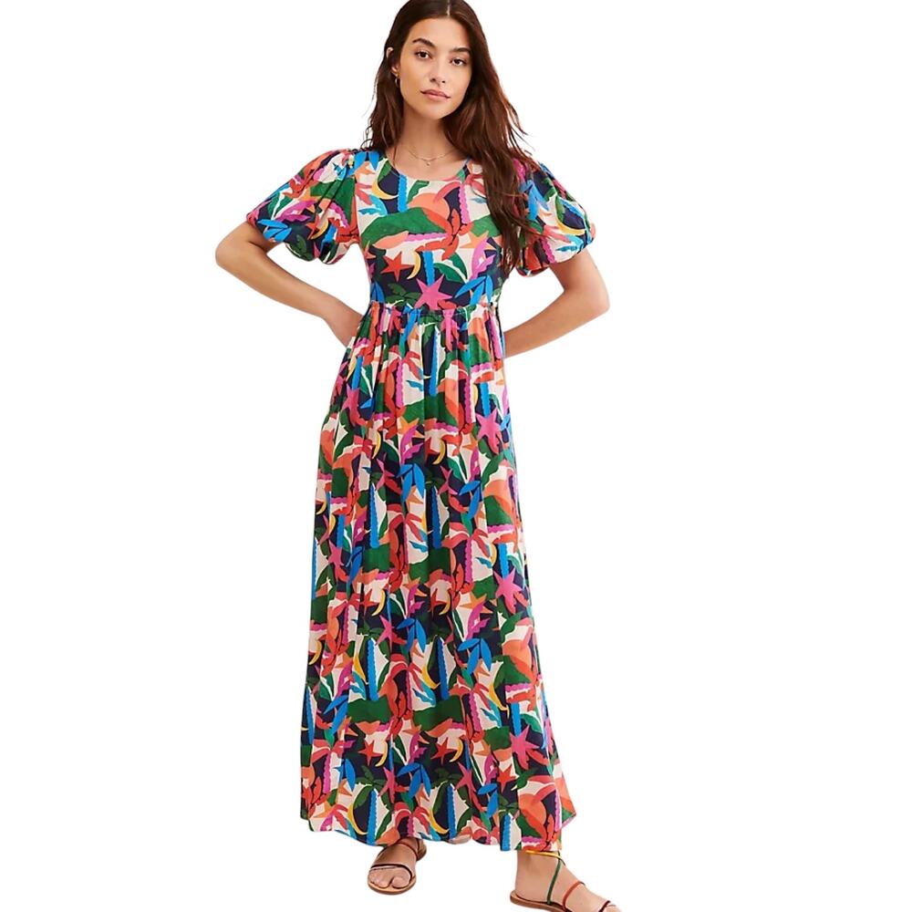 Beach Riot Anthropologie Weston Maxi Dress Size L Tropical Floral Linen Cutout